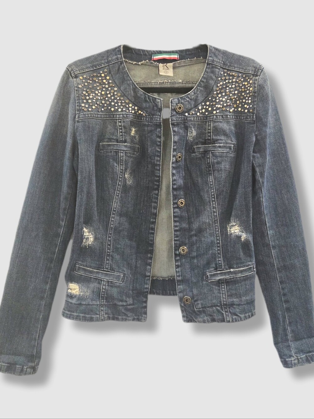 Rinascimento Y2K Glam Studded Denim Jacket Italy Dark Wash, Medium (fitted)